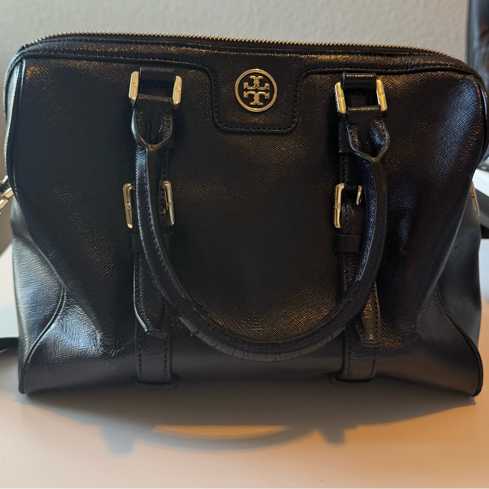 Tory Burch Navy Blue Leather Satchel with Gold Hardware